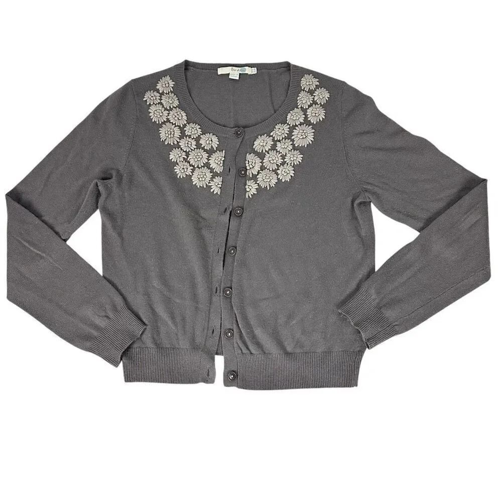 Boden gray cardigan sweater embroidered flower detail size 8